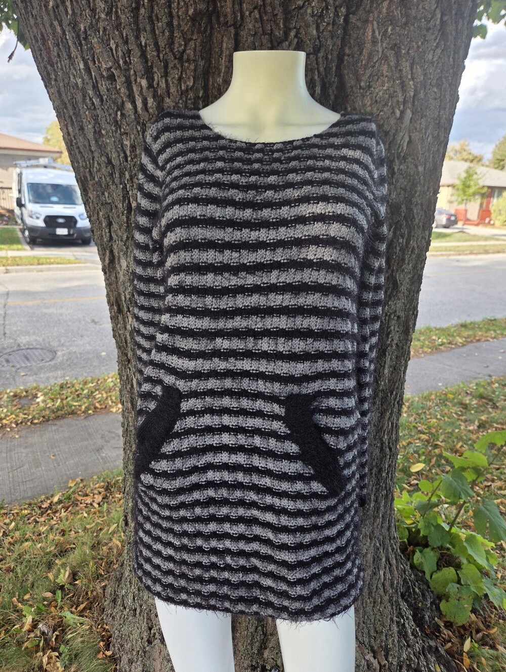 Cozy Black & Gray Striped Women's Sweater, Katsun, Size M